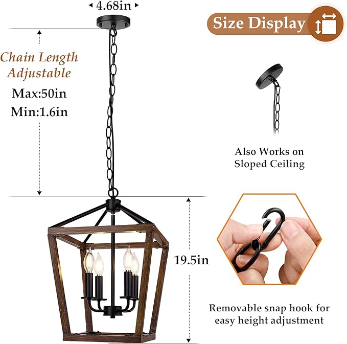 Farmhouse Chandelier Light Fixture for Kitchen Dining Room, 4-Light Rustic Pendant Hanging Ceiling Light Height Adjustable in Oak Wood Finish, Cage Lantern Lighting with E12 Base for Hallway Foyer-Ruum Studio Home