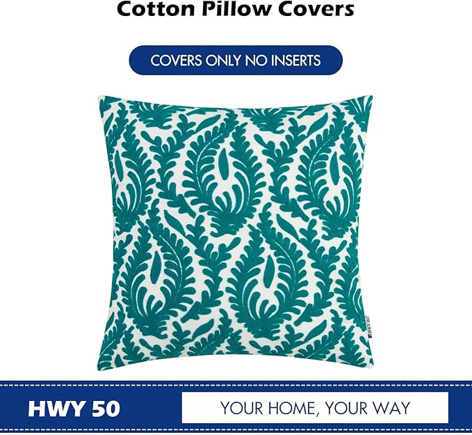 HWY 50 Teal Decorative Throw Pillow Covers 18x18 Inch (1 Piece), Embroidered Cotton Farmhouse Cushion Cover Pillow Case for Sofa Couch Living Room Bed Bedroon, Floral Branches-Ruum Studio Home