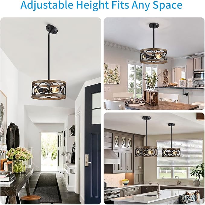 XINGQI Black Ceiling Light Adjustable Height Chandelier Modern Farmhouse Pendant Lighting Fixture Wood Grain Metal 13" Rustic Round Lights for Dining Room Kitchen Bedroom Entryway-Ruum Studio Home