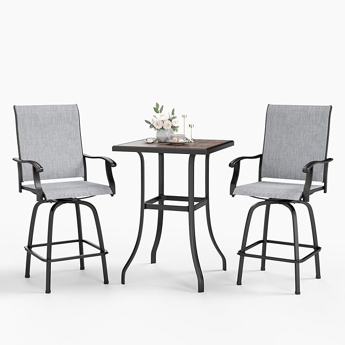 Sophia & William Outdoor Bar Set, Patio Bar Table and Chairs Set, Bar Height Patio Set - 2 x Swivel Bar Chairs(Grey), 1 x Square Bar Table(Wood-Like)-Ruum Studio Home