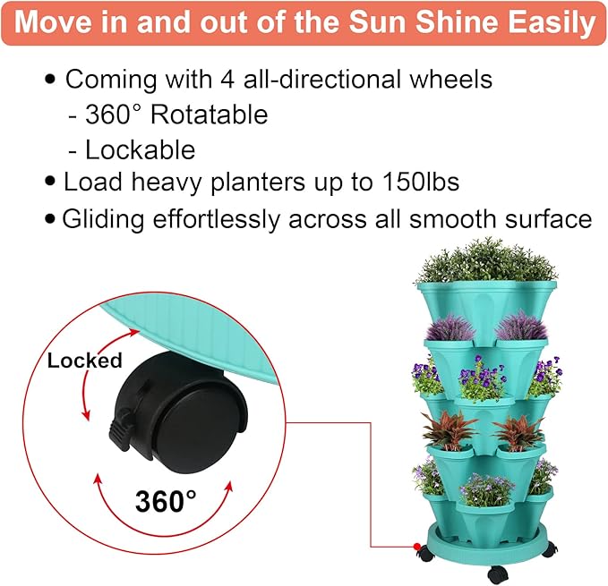 Vertical Planter 5 Tier Stackable Planters Garden Planters Strawberry Herb Flower and Vegetable Planter Indoor Outdoor Gardening Pots with Removable Wheels and Tools-Ruum Studio Home
