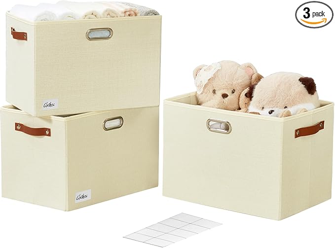 3-Pack Foldable Fabric Storage Bins with Durable PU & Metal Handles , Collapsible Storage Baskets for Shelves, Home Storage, Closet Organizers, Living Room(17"x11.8"x11.8", Beige)-Ruum Studio Home