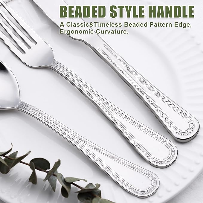 40 Piece Silverware Set for 8, Terlulu Stainless Steel Flatware Set, Mirror Polished Cutlery Set Utensil Set, Tableware Include Forks Spoons Knives for Home Restaurant, Beaded Handle, Dishwasher Safe-Ruum Studio Home
