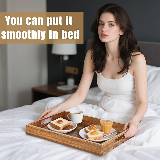 Acacia Wood Serving Tray with Handles - 17-Inch Large Wooden Tray for Ottoman - Perfect for Breakfast, Lunch, Dinner, Appetizers, Patio, Ottoman, Coffee Table,BBQ, Party – Great for Lap &Couch ﻿-Ruum Studio Home