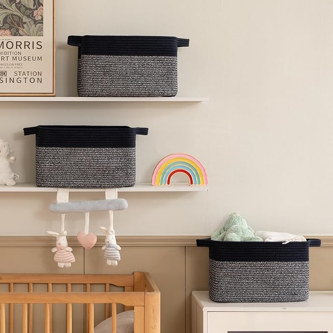 Storage Basket for Organizing, Woven Baskets for Storage, Rectangle Decorative Baskets for Shleves, Closet, Toys, Books, Nursery Organizer Bins - Pack of 3 (Blue & Black)-Ruum Studio Home