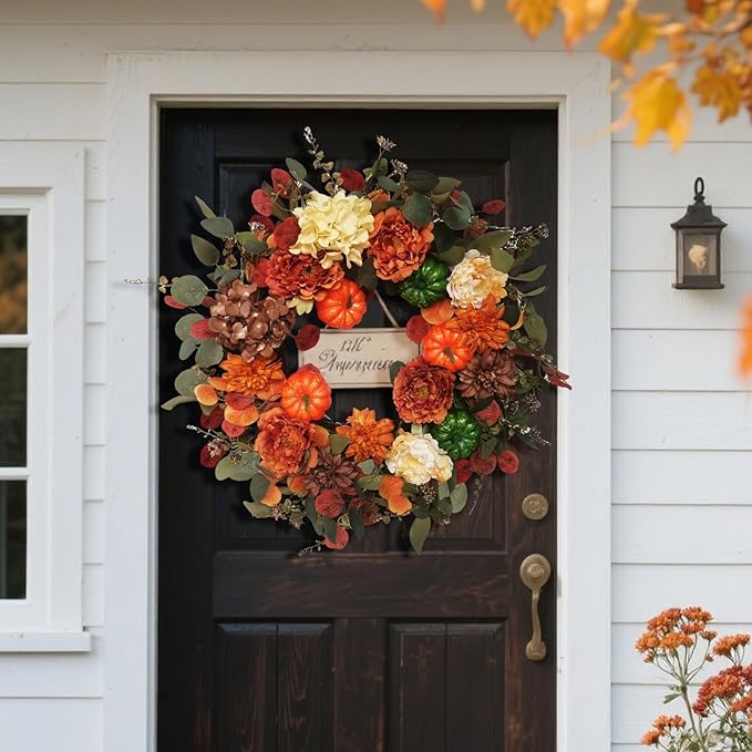 Fall Wreaths for Front Door 24 Inch with Realistic Pumpkin Hydrangea Peony Dahlia Flower, Thanksgiving Harvest Autumn Wreath for Indoor Outdoor Decor, Rustic Farmhouse Seasonal Decoration-Ruum Studio Home