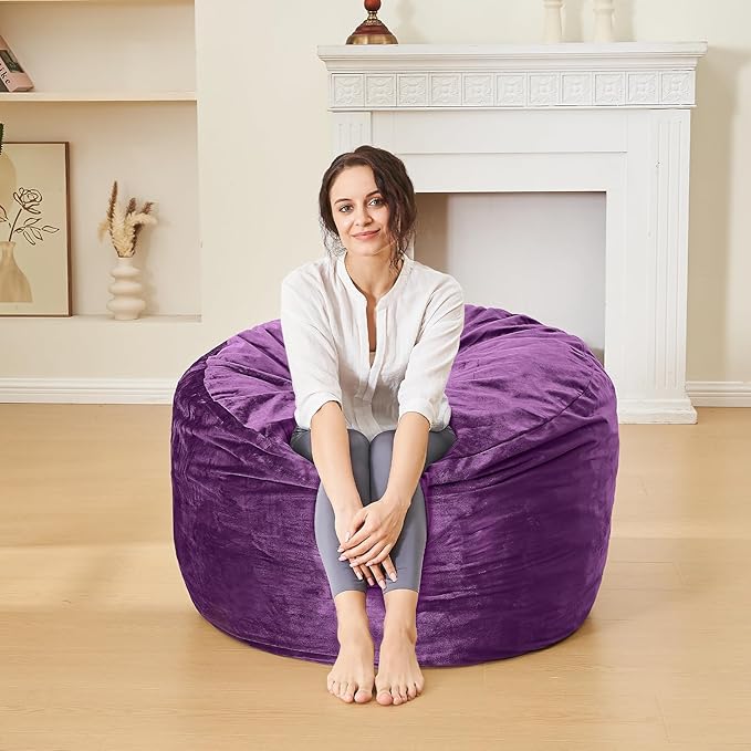 Bean Bag Chairs for Adults - Memory Foam Furniture BeanBag Chair - Kids/Teens Sofa with Soft Micro Fiber Cover - Round Fluffy Couch for Living Room Bedroom College Dorm - 3 ft, Purple-Ruum Studio Home