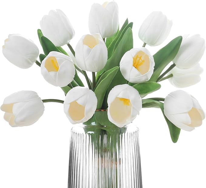 White Artificial Tulips, 2 Bundles 14Pcs, Fake Tulips Artificial Flowers, 2 x 2.4 Inch Large Flower Head Big Tulip, Easter Valentine's Day Mother's Day Home Decoration Flowers-Ruum Studio Home