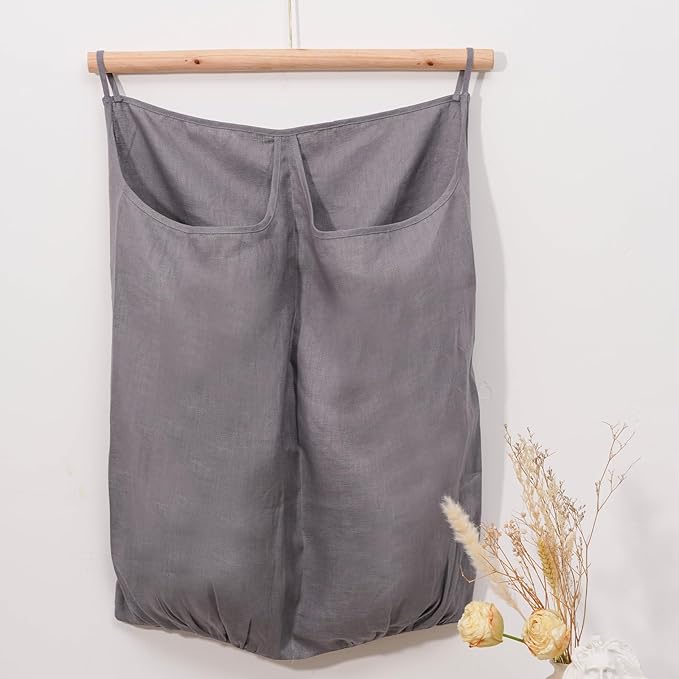 100% Pure Linen Dual Hanging Laundry Bag with 2 Deep Pocket and 2 Side Zipper 20x27in, Over The Door Laundry Hamper Space Saving Hampers for Dirty Clothes Home Travel, Grey-Ruum Studio Home