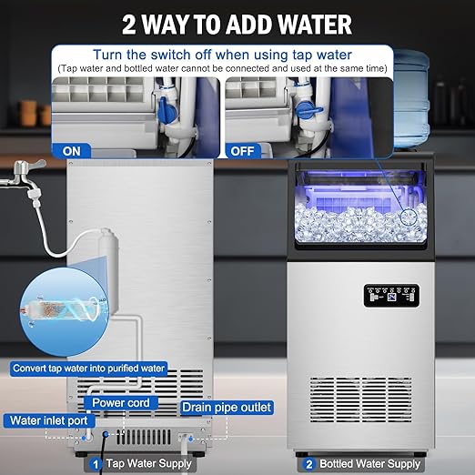 Commercial Ice Maker Machine 110 LBS/24H, 36 Ice Trays Freestanding & Undercounter Ice Machine Stainless Steel with 20 LBS Ice Storage Capacity, Ice Maker with Water Line and Filter, Dual Water Inlet-Ruum Studio Home