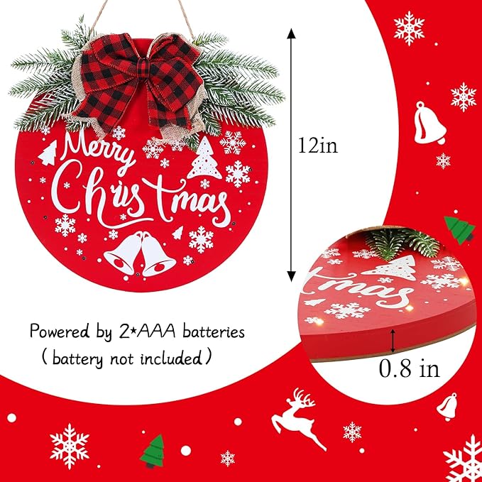 HOMCDALY Merry Christmas Welcome Sign for Front Door, Red X-mas Sign with Light, Holiday Door Decoration Wooden Hanging Sign, Christmas Decoration, Wall Art, Wall Decor(Red)-Ruum Studio Home