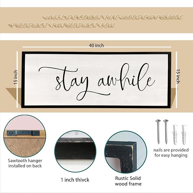 Stay AWhile Sign Wall Decor Sign 40"X15" Large Living Room Entryway Wood Framed Rustic Wall Decor for Vintage Farmhouse Foyer Hanging Lets Stay Home Wall Art (Black)-Ruum Studio Home