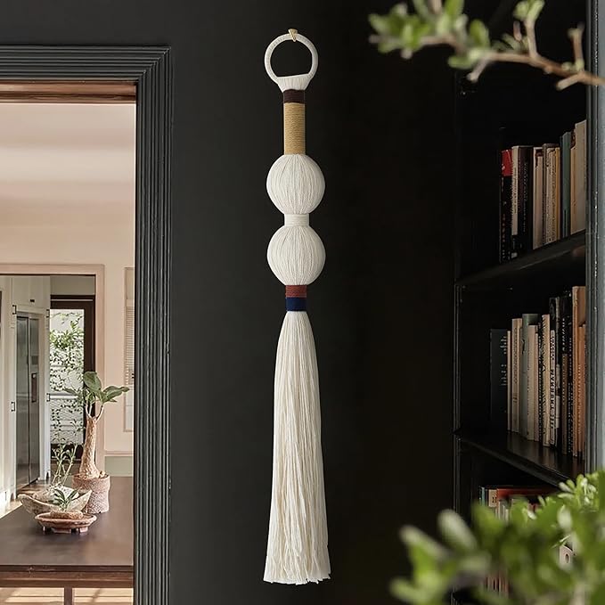 Macrame Wall Hanging Boho Decor Yarn Wall Art Small Sphericity Cotton Textile Tassel Hanging Fiber Art for Living Room Bedroom 27'' L x 2.3'' W-Ruum Studio Home