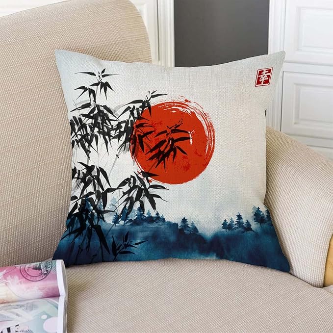 TSSOHU Throw Pillow Cover Japanese Bamboo Pillow case Asian Ink Painting Black Tree Stems Red Sun Mountains Decorative Pillow Case Funny Home Decor Square 18 x 18 Inch Cushion Pillowcase-Ruum Studio Home