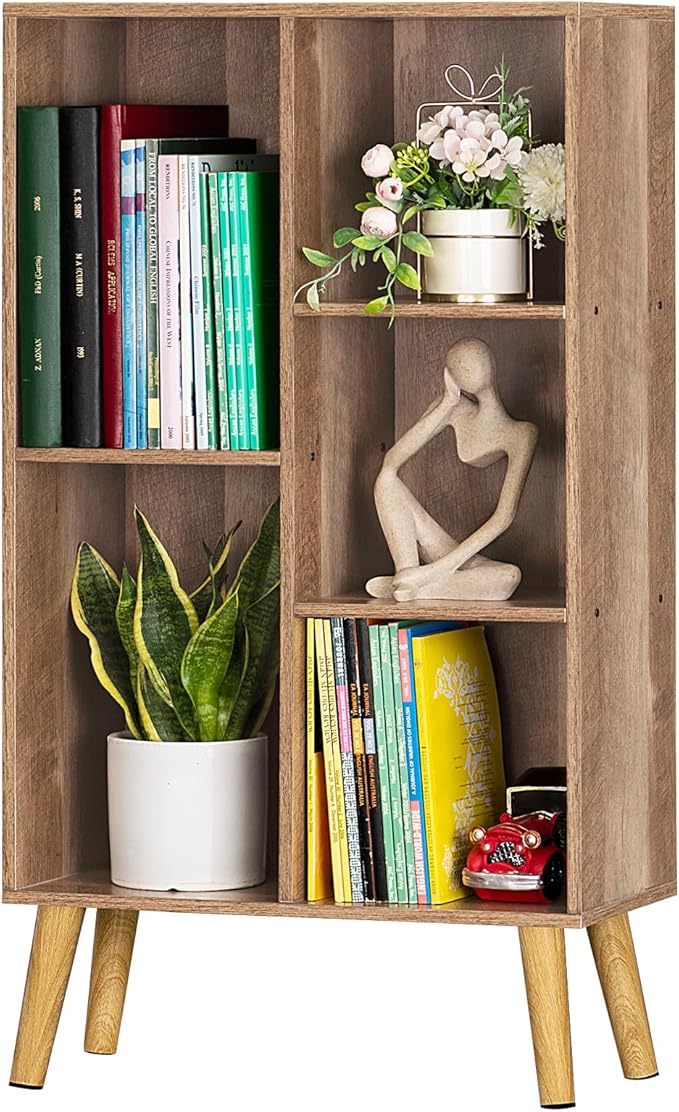 5 Cube Small Bookshelf,3 Tier Mid-Century Modern Bookcase with Legs,Wood Kids Bookshelves Storage Organizer Shelf,Free Standing Narrow Book Shelves,Oak Grey Corner Bookcases for Bedroom,Living Room-Ruum Studio Home