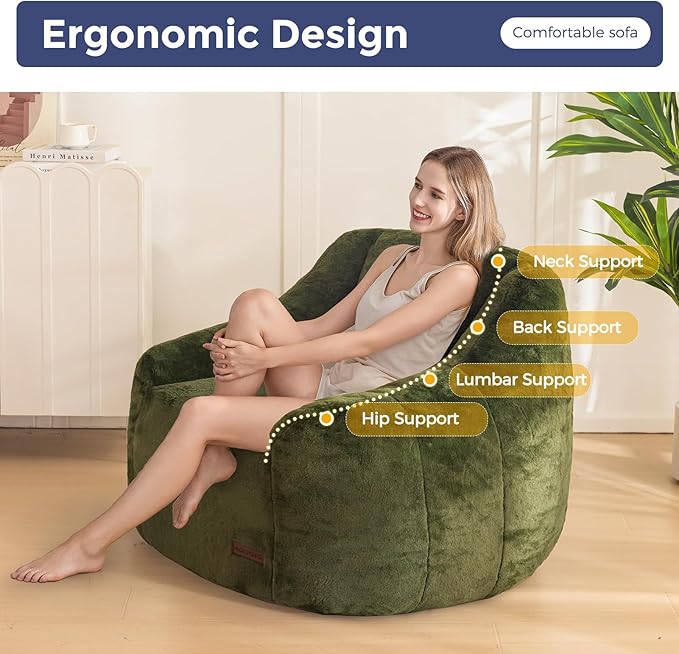 MAXYOYO Bean Bag Chair, Comfy Bean Bag Sofa with Back Support, Faux Fur Bean Bag Chair for Adults and Kids, Stuffed Floor Sofa for Living Room, Bedroom, Apartment, Green-Ruum Studio Home