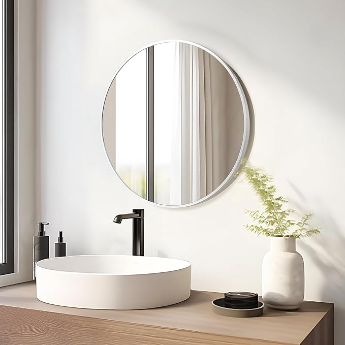 Fabuday Silver Round Mirror for Wall 24 inch - Circle Mirror for Bathroom, Entryway, Living Room, Hallway, Vanity Decor, Small Matte Metal Frame Mirrors-Ruum Studio Home