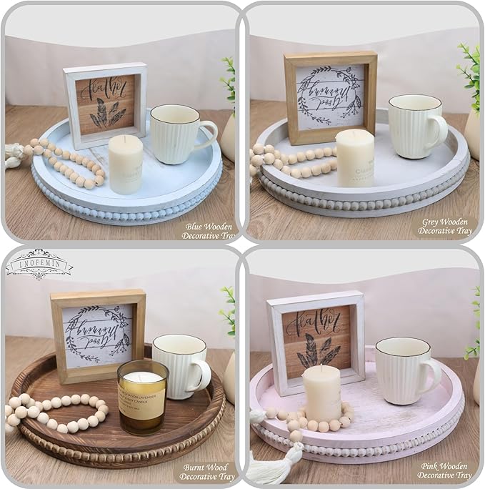 Round Burnt Wood Serving Tray with Beads, Wooden Decorative Tray for Entertaining, Decoration, and Gifting,-Ruum Studio Home