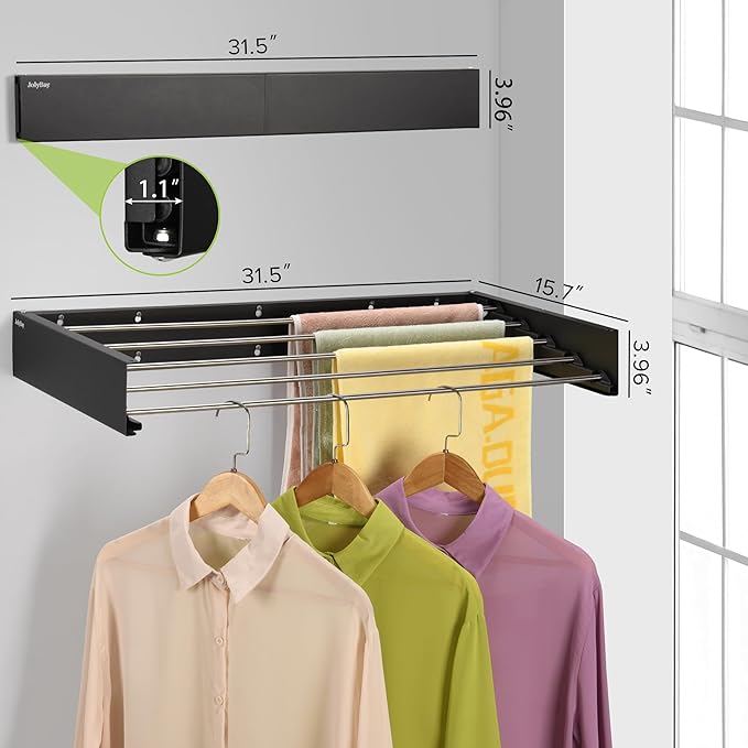 Wall Mounted Laundry Drying Rack, Retractable Clothes Drying Rack for Bathroom with Wall Template, 5 Stainless Rods Heaving 60 lb Capacity (Black, 31.5")-Ruum Studio Home
