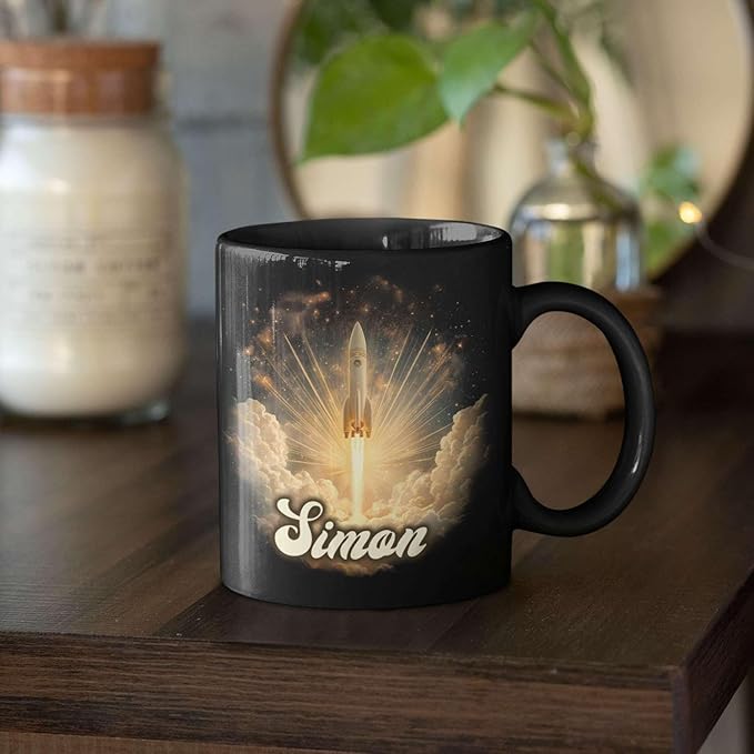 Sci-Fi Inspired Ceramic Mug for Men, Custom Name Coffee Mug 11oz or 15oz, Personalized Rocket Enthusiast Black Cup, Custom Vibrant Rocket Coffee Cup, Gifts for Astronaut Fans-Ruum Studio Home