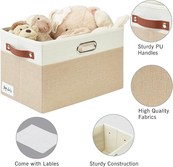 Large Collapsible Fabric Storage Bins with 3 Handles, Foldable Organizer Baskets for Closet, Shelves, Living Room | 3 Pack, Durable PU & Metal Handles (14.9"x9.8"x9.8", Beige & White)-Ruum Studio Home