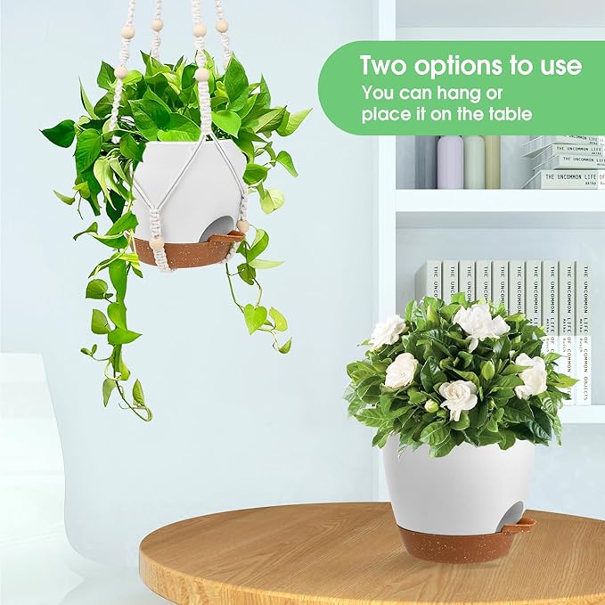 Hanging Planters for Indoor Outdoor Plants, 2 Pack Self Watering Hanging Pots, Hanging Plant Baskets with Drainage Holes & 2 Types of Plant Hangers (Green, 6'')-Ruum Studio Home