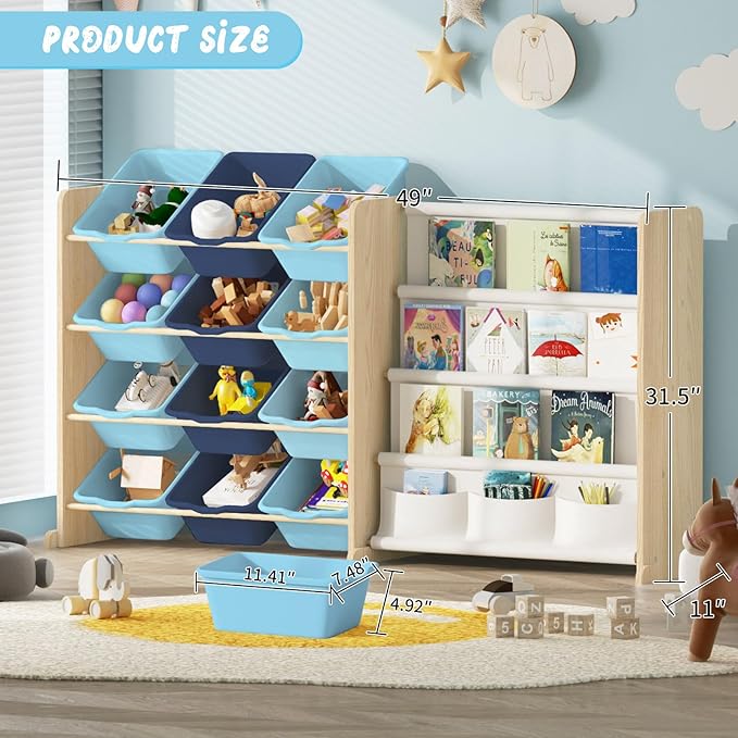 Kids Toy Storage Organizer - Toy Storage with Kids Bookshelf, Toy Organizer with 12 Blue Bins and 4 Book Shelves, Toy Organizers and Storage for Playroom, Nursery, Kids Room, Burlywood-Ruum Studio Home