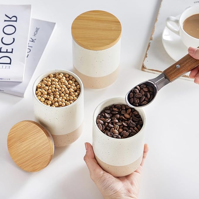 vancasso Sabine Ceramic Canister Set with Airtight Wood Lids - 4-Piece Small Kitchen Storage for Coffee, Sugar, Tea & Spices (18 oz Each) - Compact Countertop Jars-Ruum Studio Home