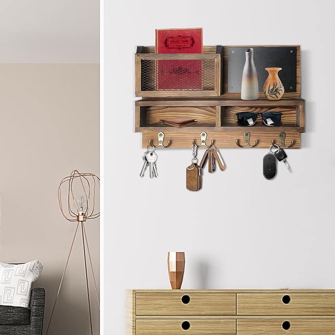 Key Holder for Wall, Mail Organizer Wall Mount with Key Hooks and Wallet Holder, Sunglasses Storage and Dog Leash Hanger, Decorative with 4 Double Hooks and Chalkboard-Ruum Studio Home