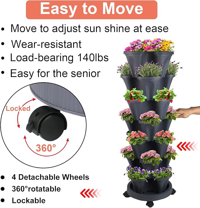 Vertical Planter 7 Tier Stackable Planters Garden Planters Strawberry Herb Flower and Vegetable Planter Indoor Outdoor Gardening Pots with Removable Wheels and Tools-Ruum Studio Home