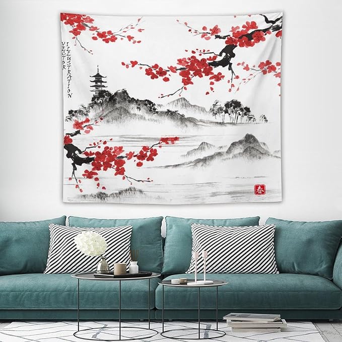 Cherry Blossoms Tapestry, Japanese Fuji Mountain Tapestry, Asian Japanese Wall Tapestry, Nature Landscape Tapestries for Bedroom Living Room Decor 60"x50"-Ruum Studio Home
