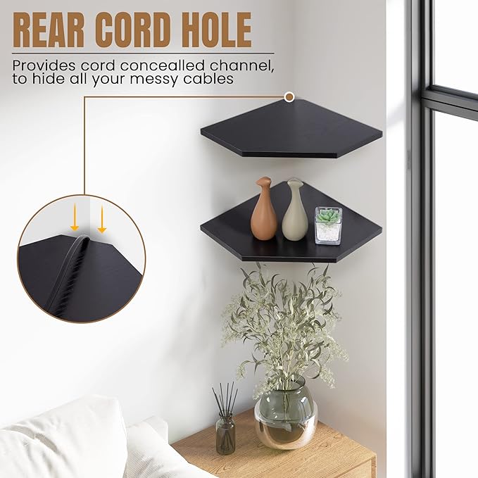 Corner Shelf Wall Mount, Floating Corner Shelves, Set of 2 Corner Wall Shelf Organizer, Rustic Wood Wall Storage Display Shelves for Living Room Bedroom Bathroom Kitchen, Classic Black-Ruum Studio Home