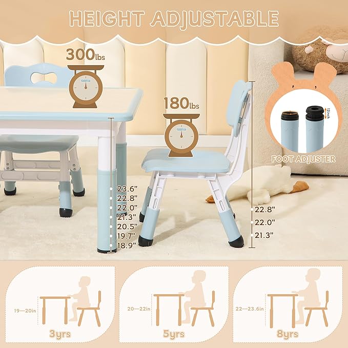 Height-Adjustable Kids Table and Chairs, 31.5''L x 23.6''W Toddler Table and 4 Chairs Set with Anti-Slip Foot Covers, Children Activity Table for Ages 2-10, Graffiti Desktop-Ruum Studio Home