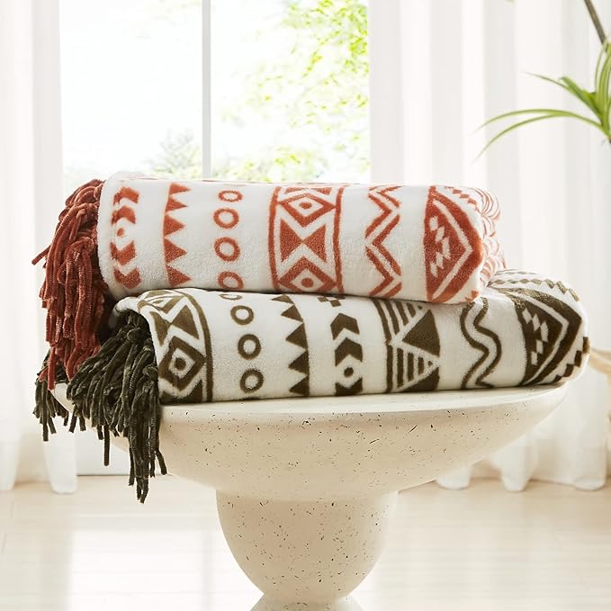 CASAAGUSTO Boho Throw Blanket - Terrcotta Decorative Blankets with Tassel, Printed Flannel Bohemian Blanket for Chair, Bed, Sofa, Couch(50 * 60, Terrcotta)-Ruum Studio Home