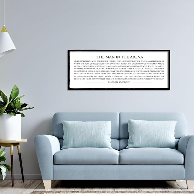 LuZhiQiang The Man in the Arena Wall Decor 32''x12'' Inspirational Quotes Office Wood Framed Sign Rustic Home Motivational Art For Man Entrepreneur Morden Living Room Wall Hanging Decor (Black)-Ruum Studio Home