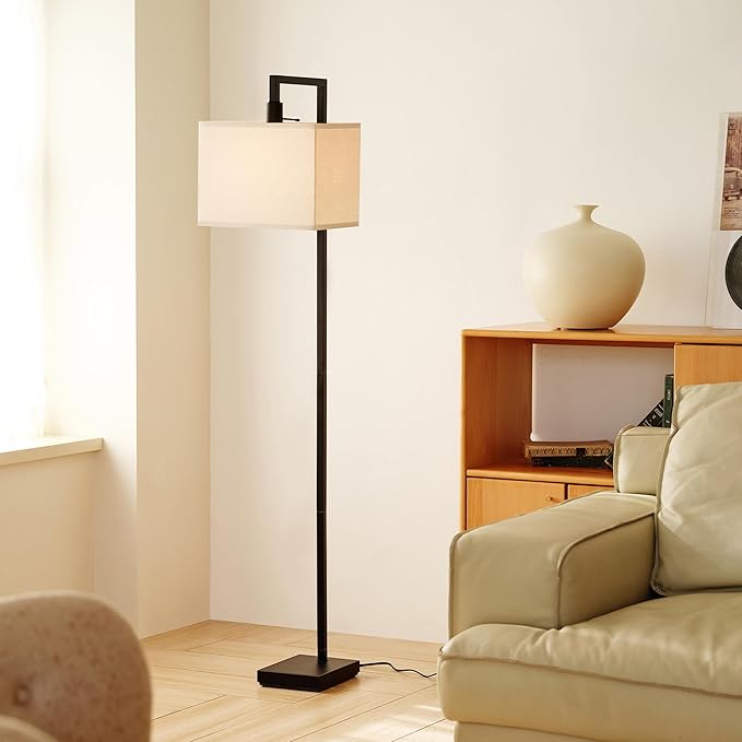 Globe Electric 61000052 60" Floor Lamp, Matte Black, Square White Fabric Shade, On/Off Rotary Switch on Socket, Square Rod, Reading Lamp, Home Office Accessories, Home Décor, Home Improvement-Ruum Studio Home