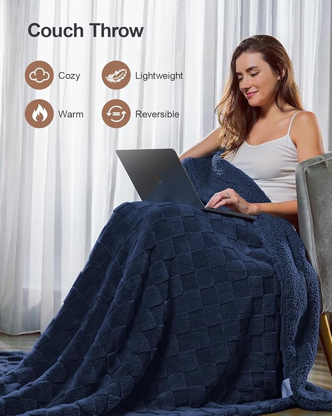 Pawque Super Soft Cozy Throw Blanket Twin Size for Couch Bed, Fluffy Sherpa Fleece Reversible Thick Warm Fuzzy Blanket for All-Season, 3D Checkered Jacquard Decorative Blankets, Navy Blue, 60" x 80"-Ruum Studio Home
