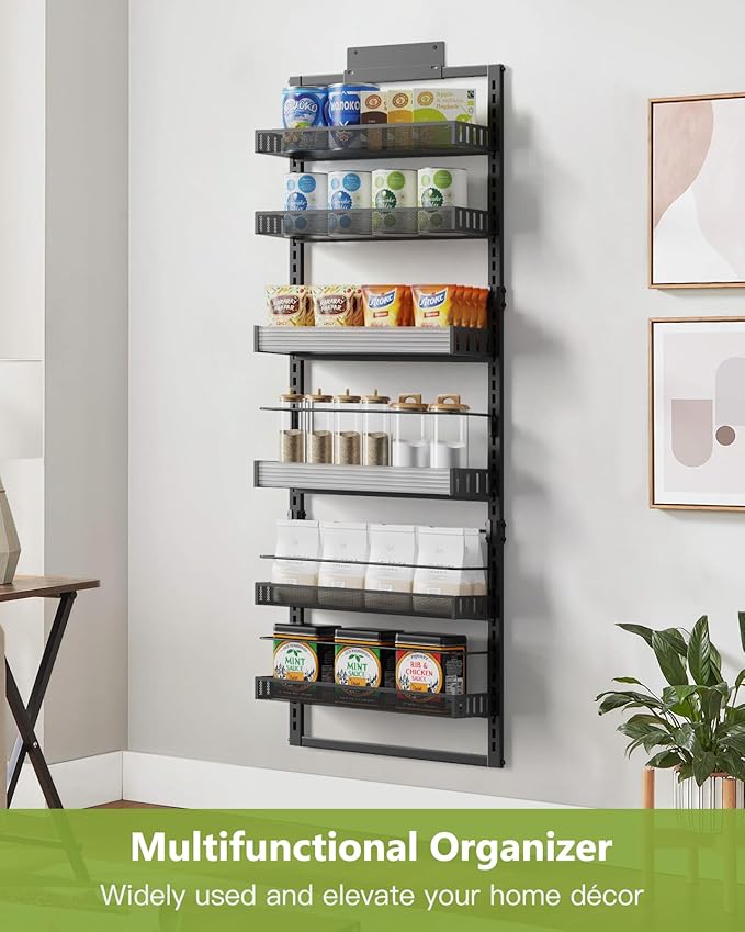6-Tier Over the Door Pantry Organizer, 2 in 1 Large Door Spice Rack with Adjustable Metal Baskets, Heavy Duty Hanging or Wall Mounted Storage Organizer for Kitchen Pantry and Room Wall-Ruum Studio Home
