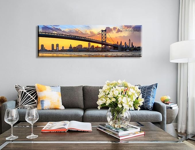 Philadelphia Skyline Wall Art Cityscape Living Room Decor Panorama Pictures City Building House Poster Canvas Print Bridge Sunset Scenery Office Bedroom Decorations Framed 13.8"x45.3"-Ruum Studio Home