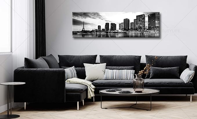 DJSYLIFE Paris Eiffel Tower Skyline Wall Art Black and White Modern City Night View Panoramic Cityscape Picture Paintings Canvas Prints Office Room Home Decoration Artwork Framed 13.8"X47.3"-Ruum Studio Home
