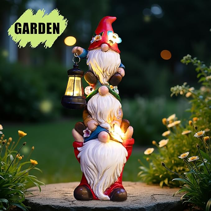 Garden Gnome Statue with Solar Lights Garden Sculptures Funny Triple Gnome Outdoor Patio Lawn Yard Balcony Garden Home Decor Birthday Gifts for Women Mom Grandma 12 in Fall Gnome-Ruum Studio Home
