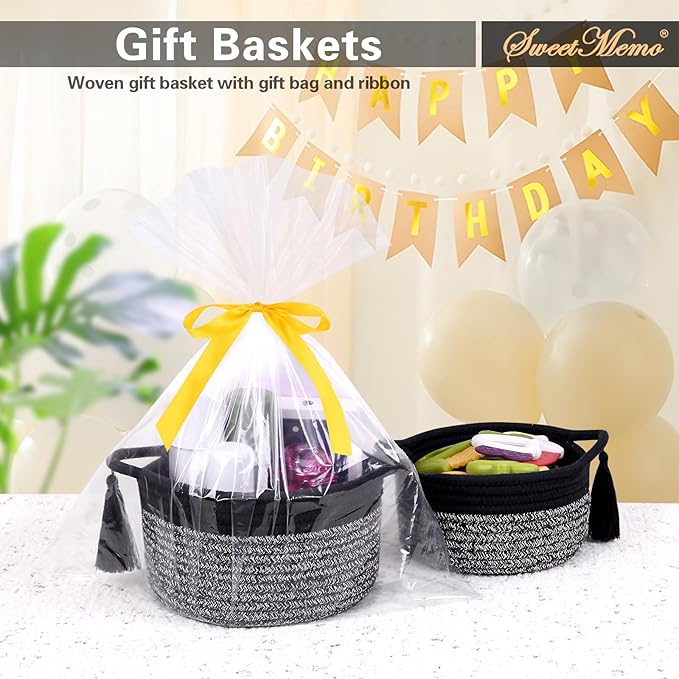 Small Gift Basket Empty to Fill – SweetMemo Mini Woven Rope Organizer Baskets for Gifting, Baby Shower, Desk, Bathroom, Shelves – Decorative Soft Bin with Gift Bag & Ribbon – Black Grey-Ruum Studio Home