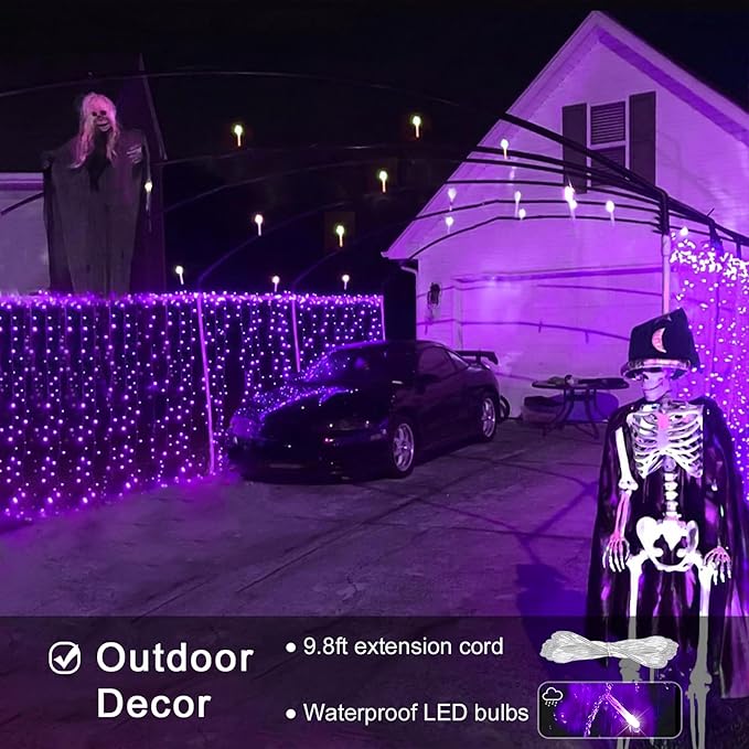 JMEXSUSS 300LED Purple Halloween Lights with Remote, Curtain Hanging Light Plug in, 8 Modes Purple String Lights for Bedroom Window Wall Party Backdrop Christmas Halloween Decorations-Ruum Studio Home