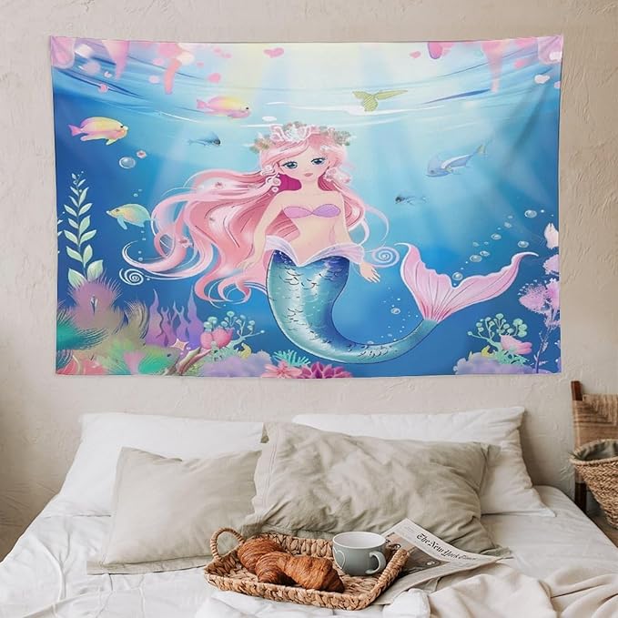 HZOHNAGO Mermaid Girls Tapestry Watercolor Mermaid Princess Pattern Printed Wall Tapestry Wall Hanging for Bedroom Living Room Dorm 60" W x 40" H-Ruum Studio Home