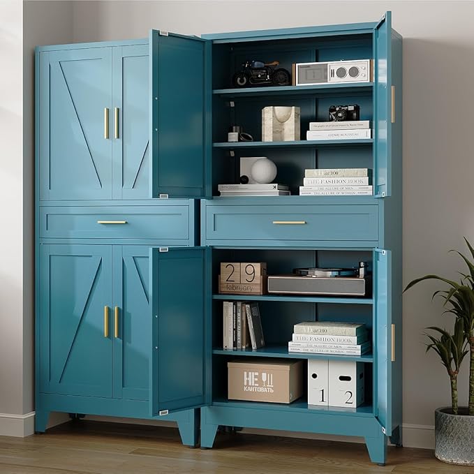 71 "Farmhouse Metal Filing Cabinet with a Drawer and 4 Adjustable Shelves, with 4 Large barn Door White Kitchen Cabinets, Metal Food Cabinets for Home, Kitchen, Dining/Living Room (Peacock Blue)-Ruum Studio Home