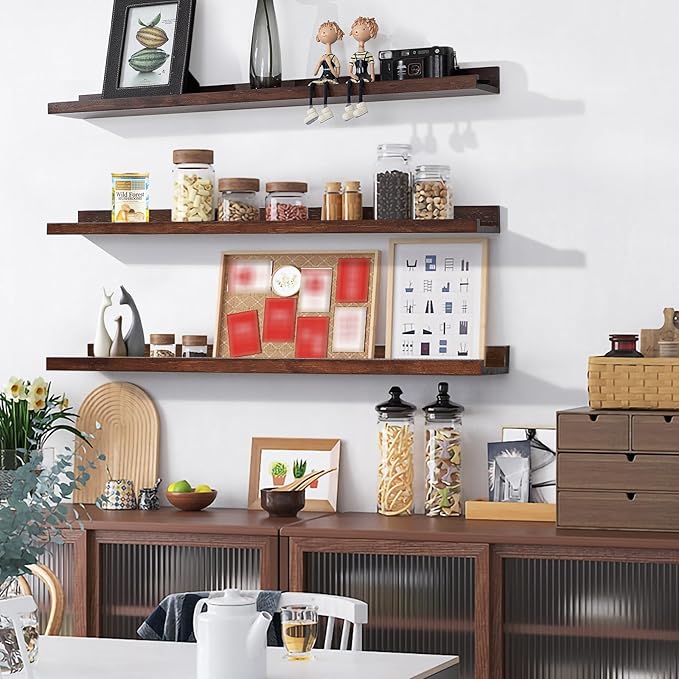 AZSKY Floating Shelves Deep Walnut for Wall Long Picture Ledge Shelf 48 Inch Beige Photo Ledge Shelves with Lip Wall Bookshelf for Kids Bedroom Living Room Bathroom Kitchen Wooden Spice Rack Set of 3-Ruum Studio Home