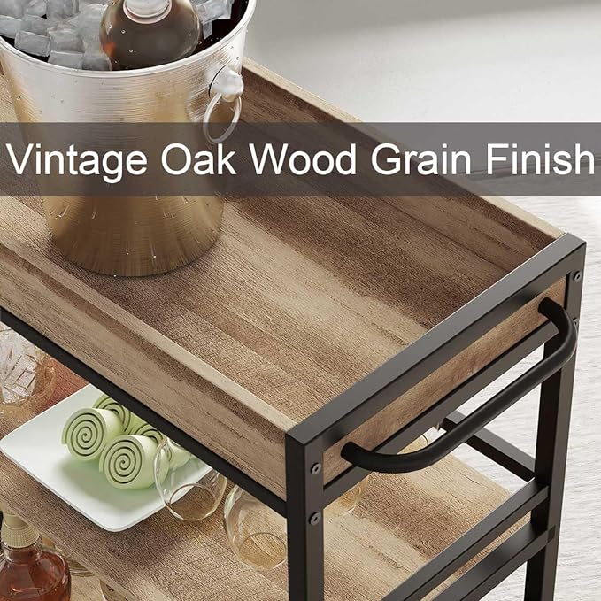 BON AUGURE Bar Cart for The Home, Bar Serving Carts on Wheels, 3 Tier Storage Drink Trolley, Rolling Wood and Metal Liquor Beverage Cart (Vintage Oak)-Ruum Studio Home