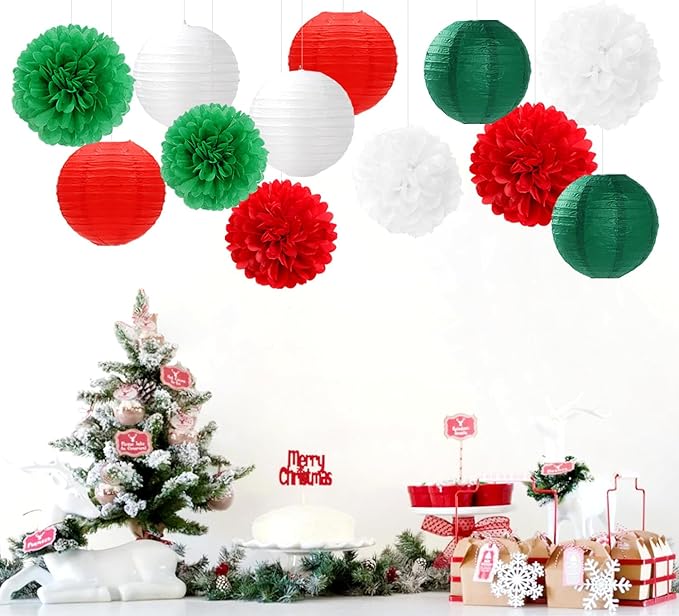 Red-Green White Party-Decorations Christmas Flowers Lanterns - 15PCS Italian Mexican Independence Day Paper Tissue Pom Poms Streamers,Mexico Italy Birthday Baby Shower Wedding Hanging Decor Hugfond-Ruum Studio Home