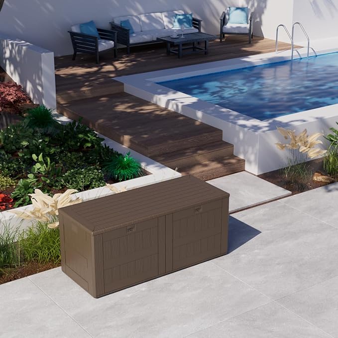 180 Pro Gallon Waterproof Outdoor Storage Bin Resin Deck Box for Patio, Poolside, and Garden, Lockable & UV-Resistant, Brown-Ruum Studio Home