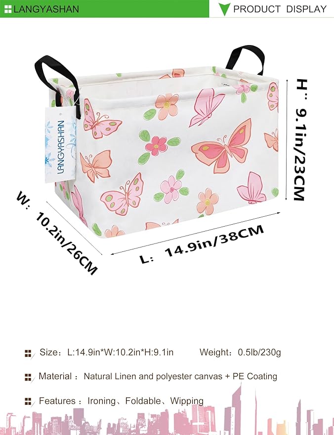 LANGYASHAN Rectangular Storage Bin Collapse Canvas Fabric Cartoon Storage Basket with Handles for Organizing Home Kitchen Boys and Girls Toys Office Closet Shelf Baskets (Rec Pink Butterfly)-Ruum Studio Home